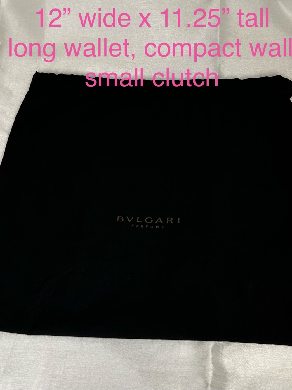 ⭐️BVLGARI PARFUMS Black Dust Bag with Logo, 12” wide x 11.25” wide, EUC